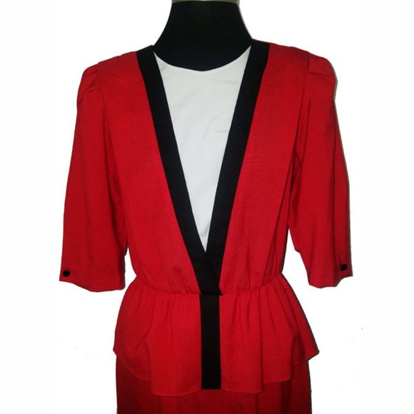 Vtg 80s Red Black White Peplum Dress 12 - Picture 2 of 7
